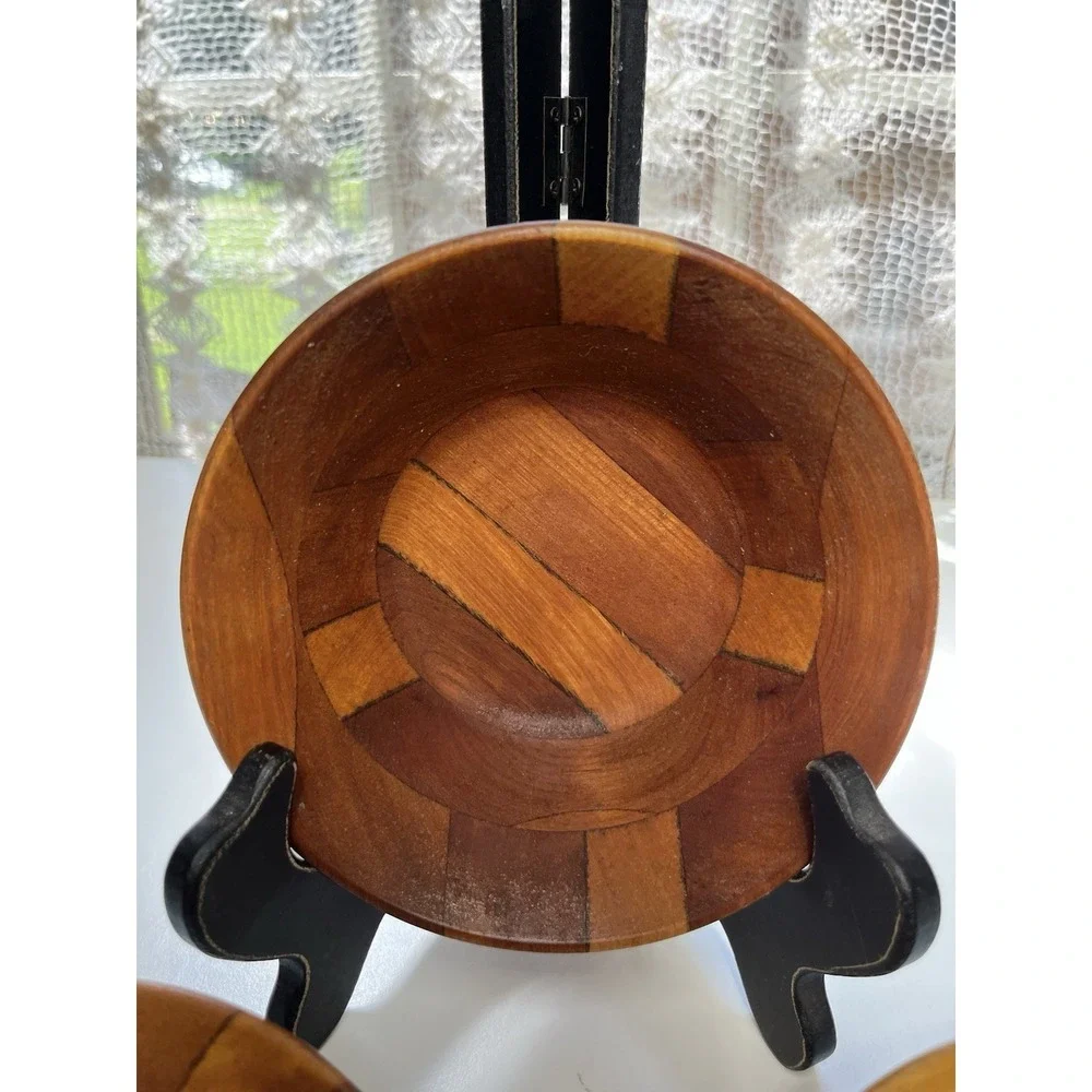 Vtg MCM Segmented Artisan Made Wood Bowl Bullseye Mark Patent Japan 6